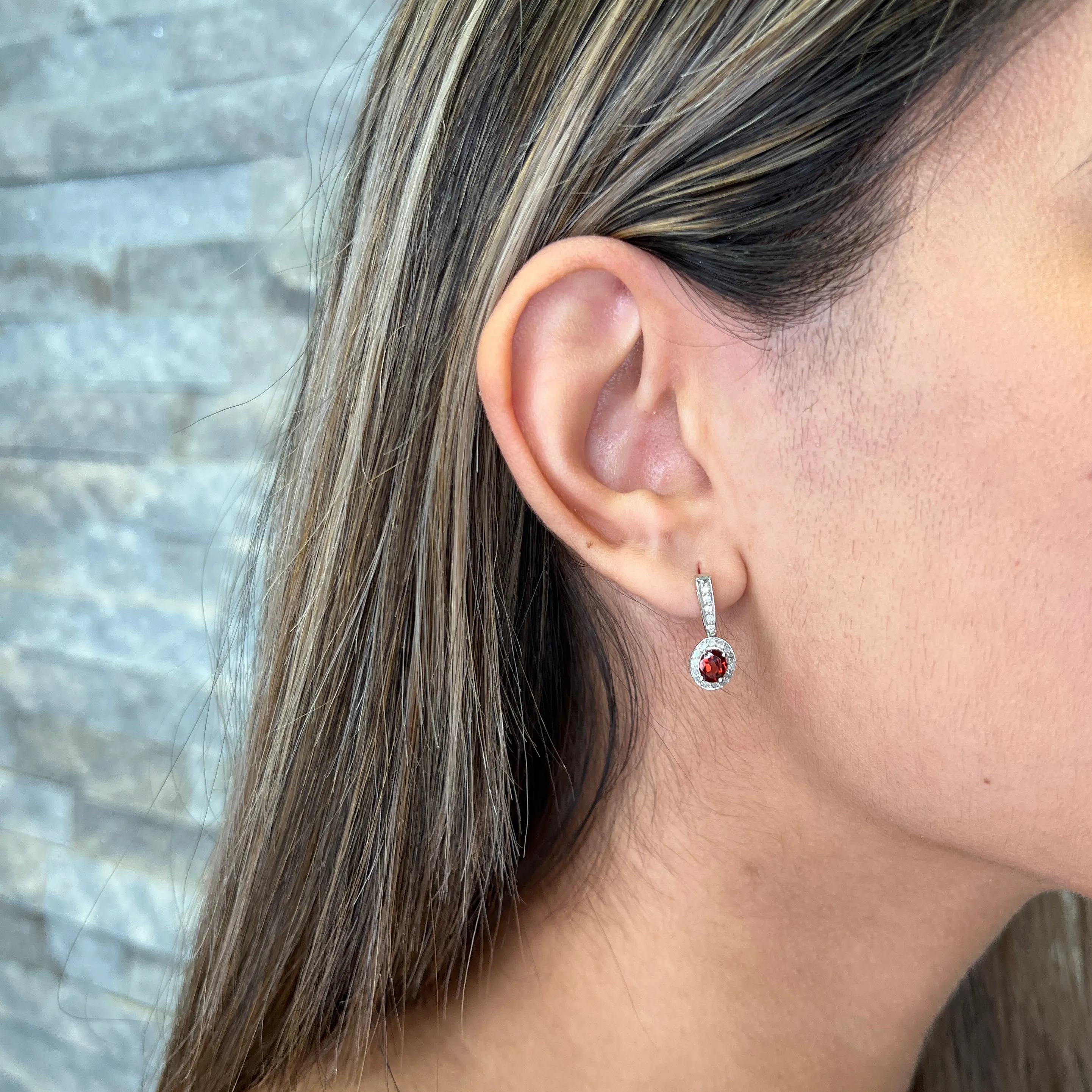 10K White Gold (January) Birthstone Garnet and Diamond Dangle Earrings