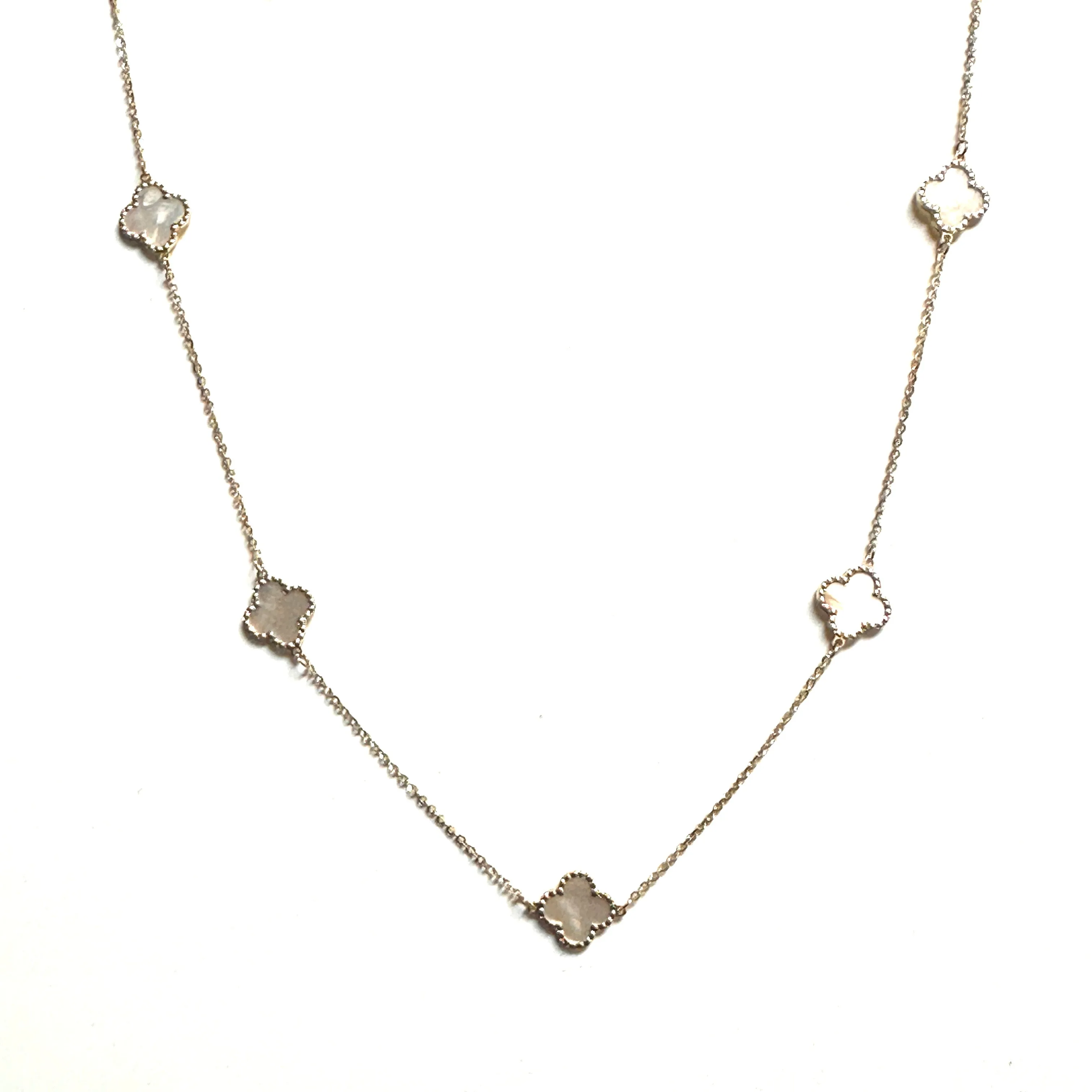 10K Yellow Gold (10mm) Designer Style Clover Beaded Edge Mother of Pearl Necklace