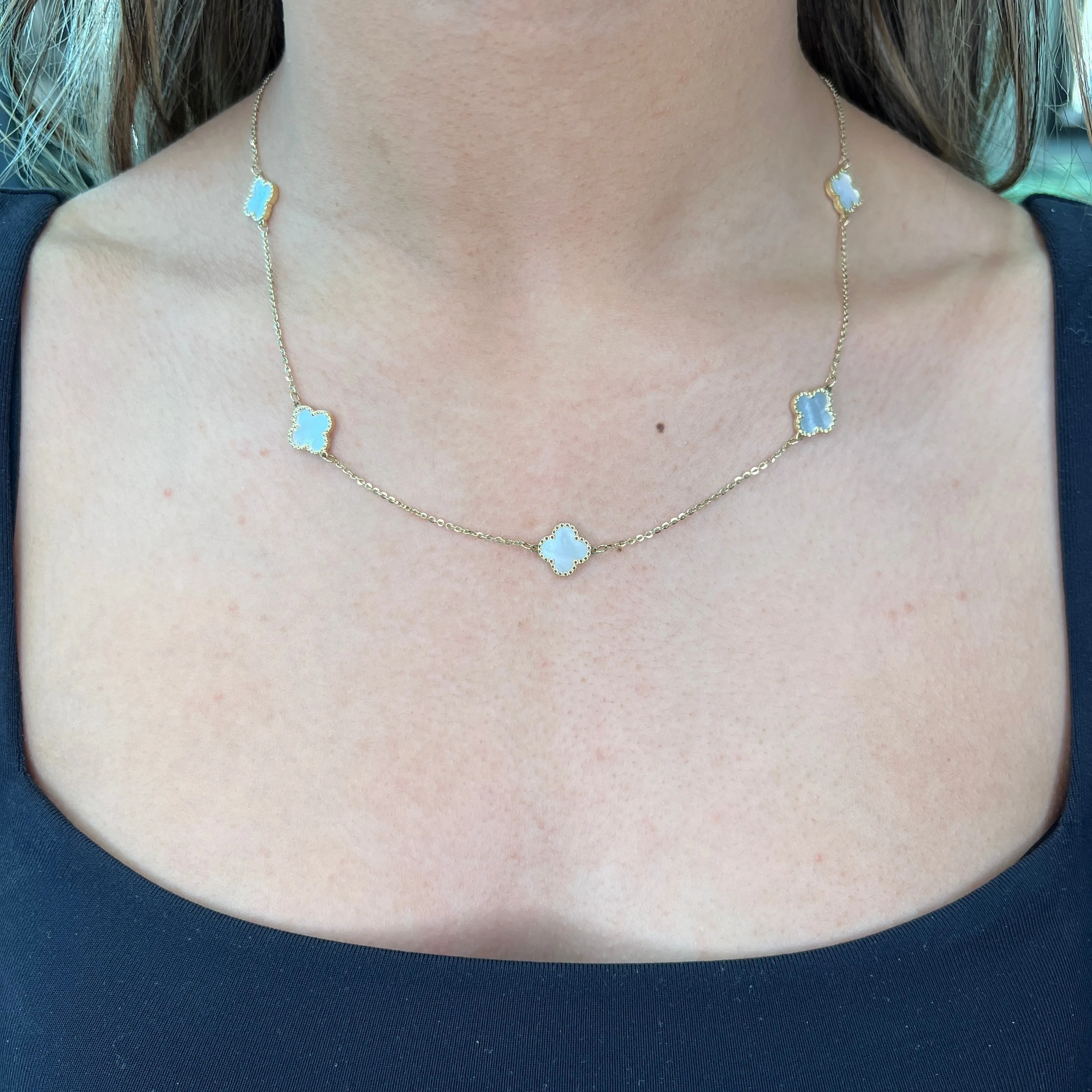 10K Yellow Gold (10mm) Designer Style Clover Beaded Edge Mother of Pearl Necklace