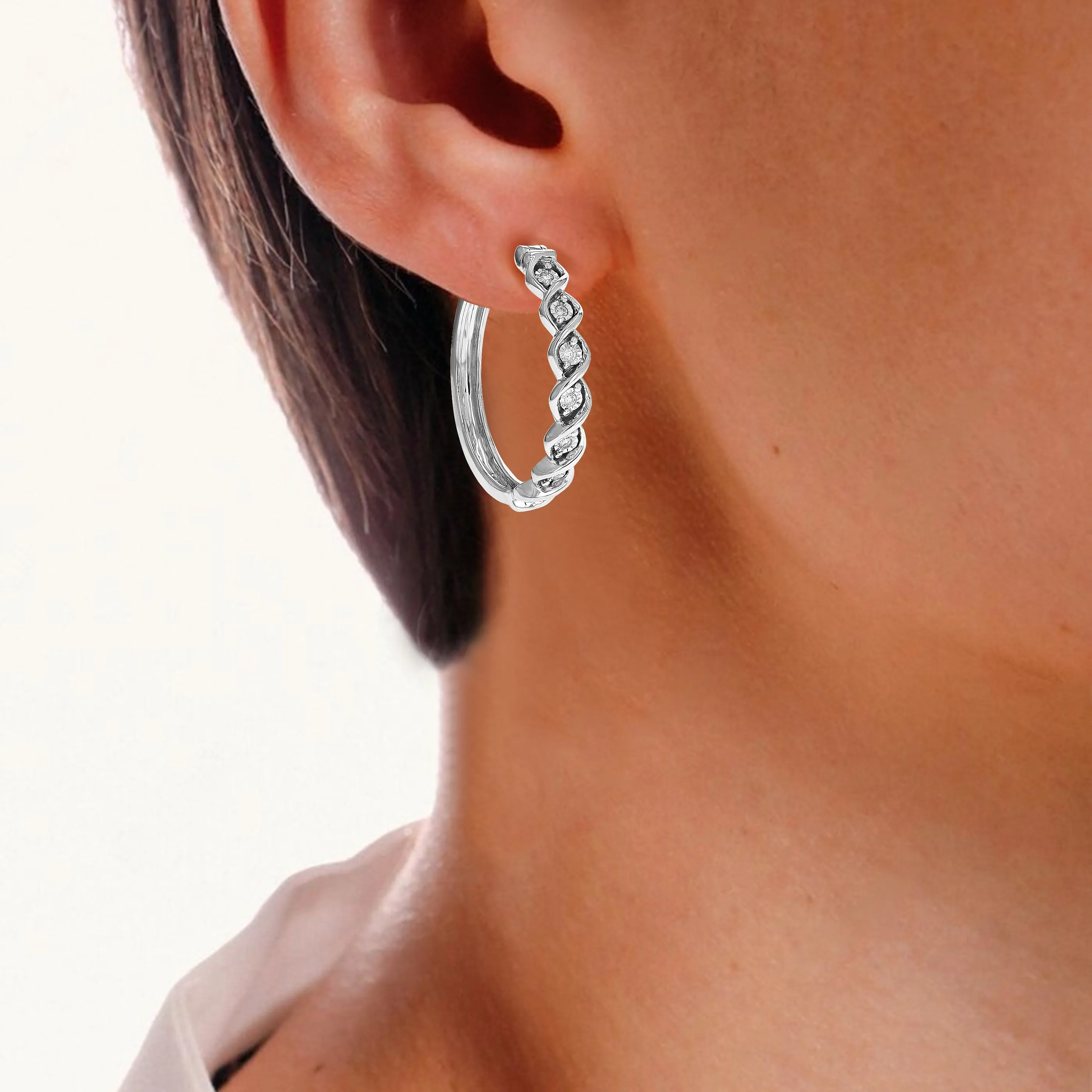 1/10 cttw Lab Grown Diamond Channel Hoop Earrings in Silver