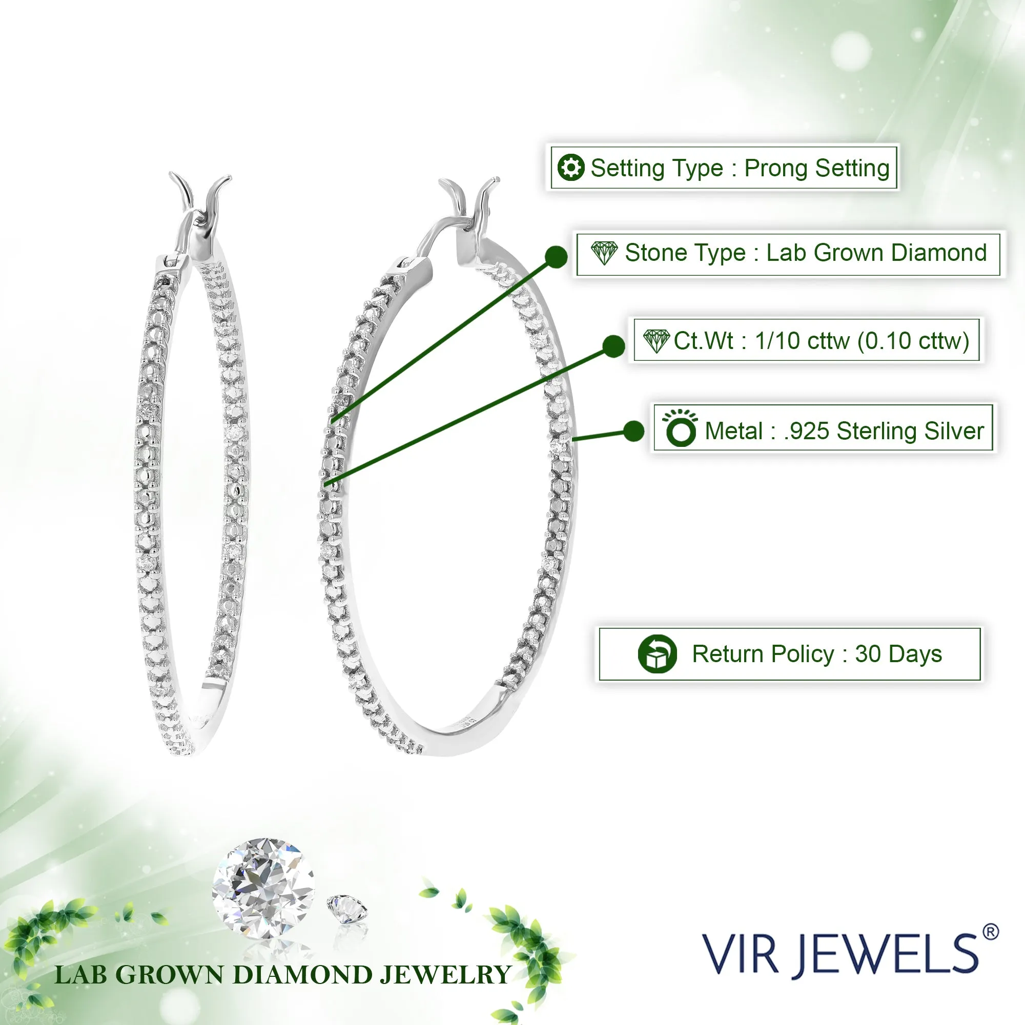 1/10 cttw Lab Grown Diamond Sleek Hoop Earrings in Silver