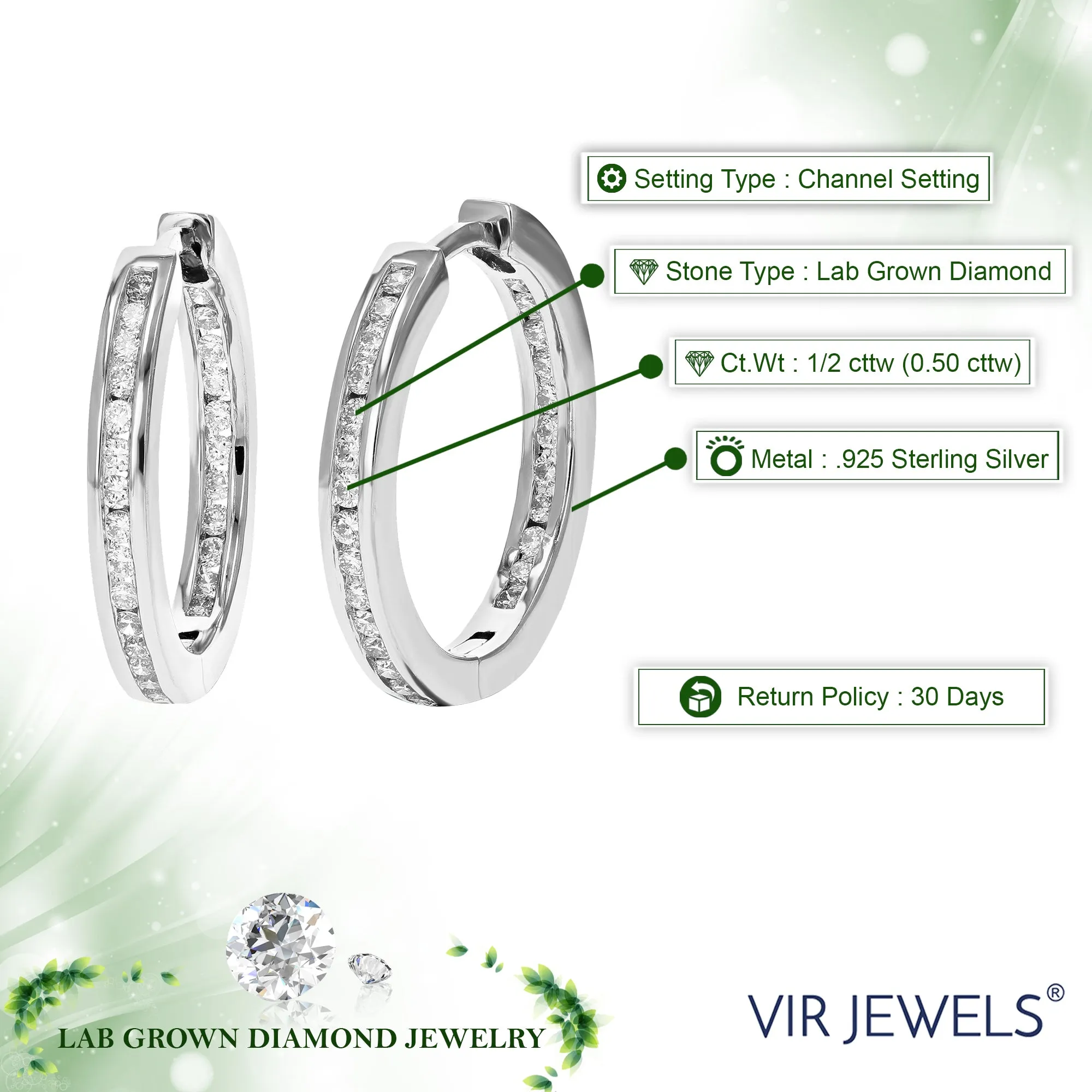1/2 cttw Lab Grown Diamond Channel Eternity Hoop Earrings Silver