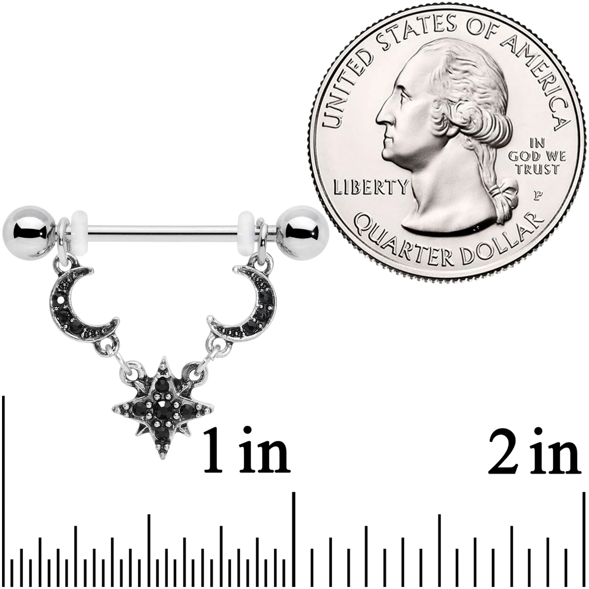 14 Gauge 9/16 Black Gem Crescent Moons Star Dangle Nipple Ring Set