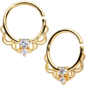 14 Gauge 9/16 Clear CZ Gem Gold Tone Lacy Love Nipple Ring Set