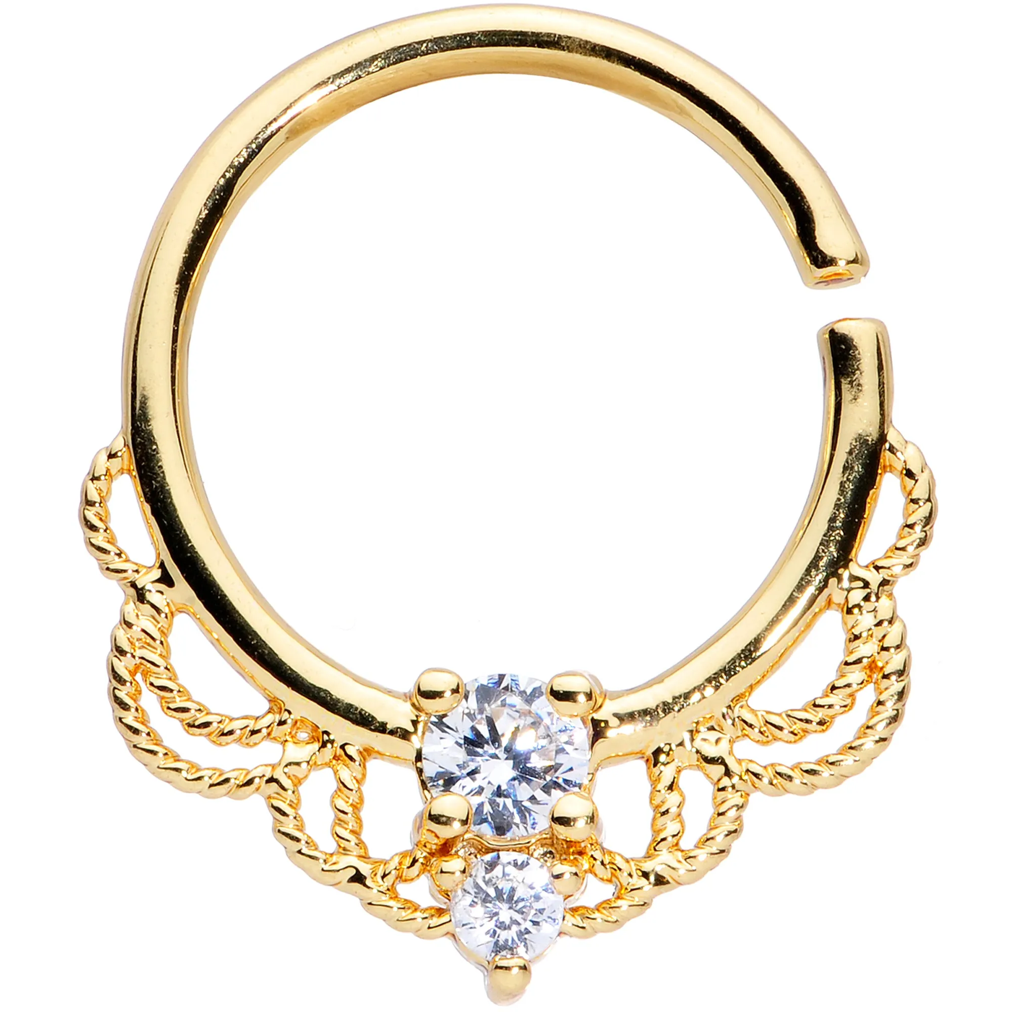 14 Gauge 9/16 Clear CZ Gem Gold Tone Lacy Love Nipple Ring Set