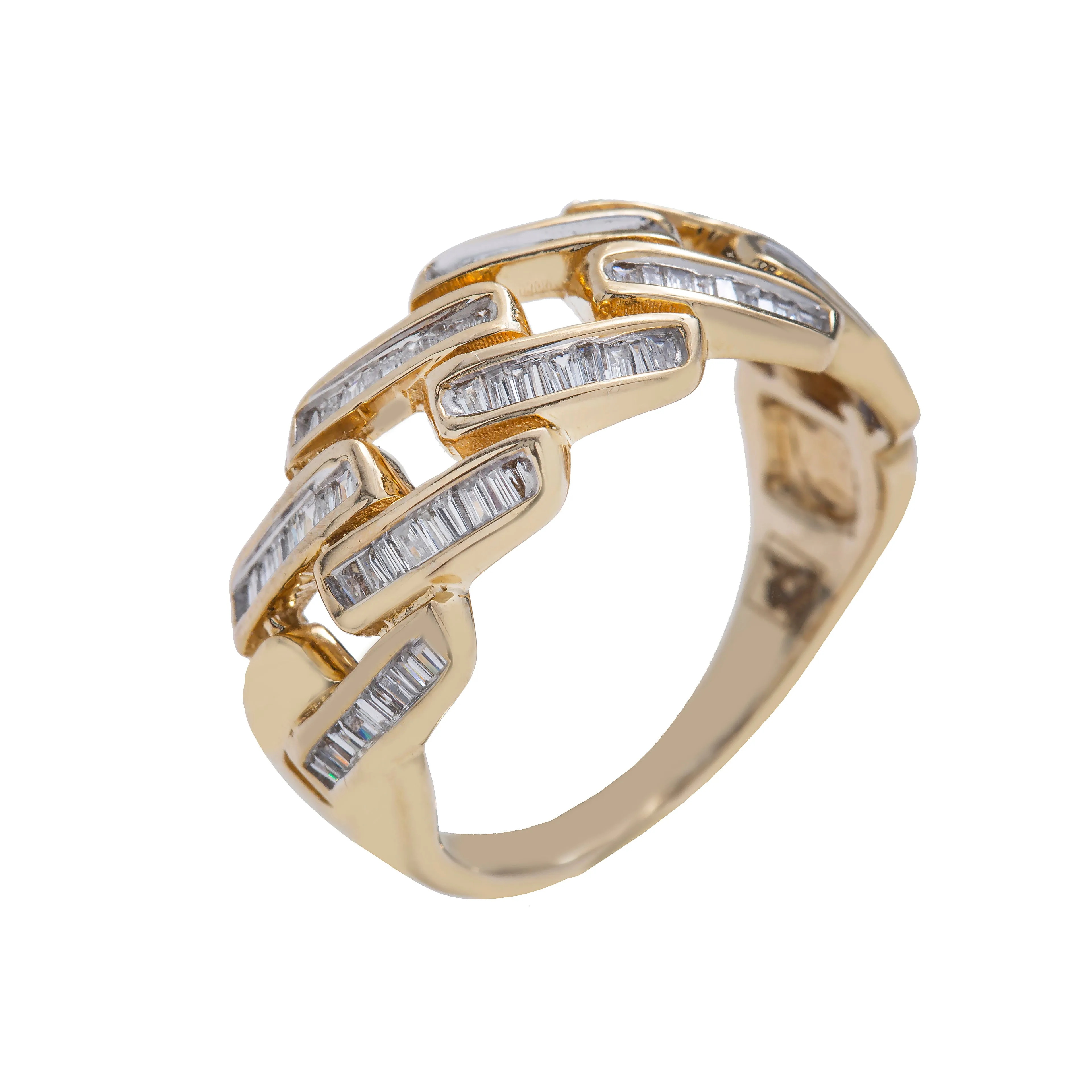 14k Gold Mens Baguette Cuban Link Ring .7 Ctw