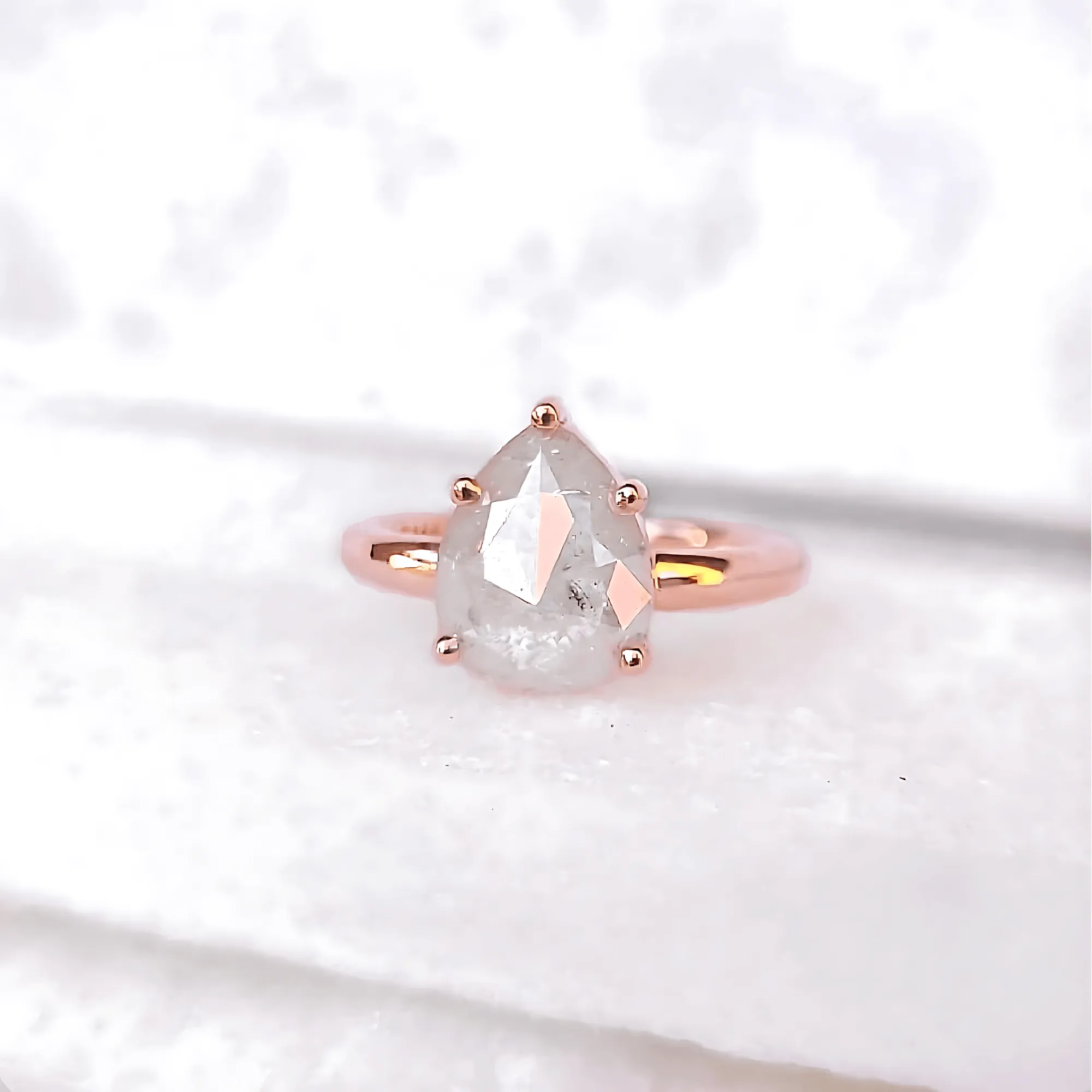 14K Milky Iced Pear Rose Cut Diamond Ring