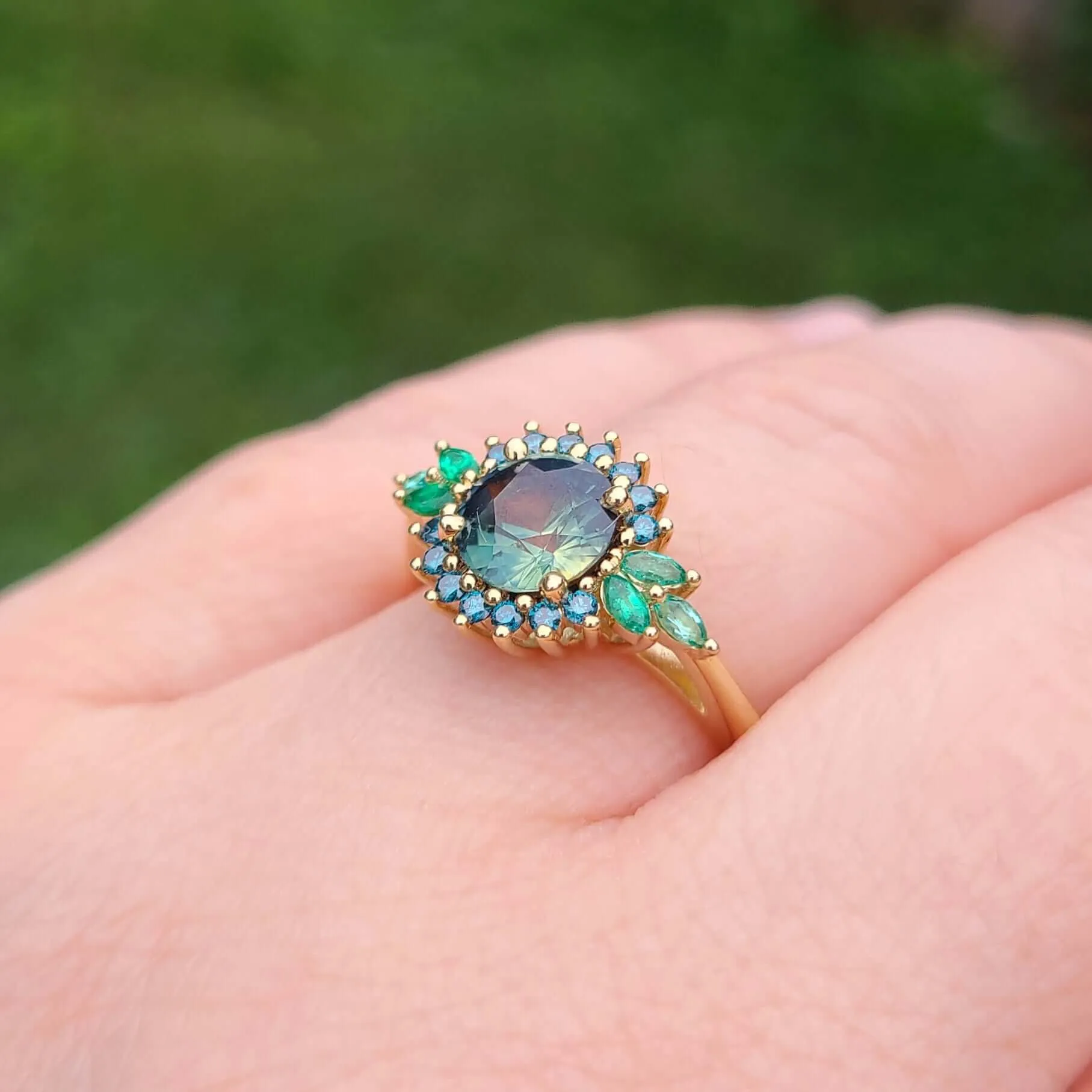 14K Montana Sapphire, Blue Diamond, and Emerald Ring