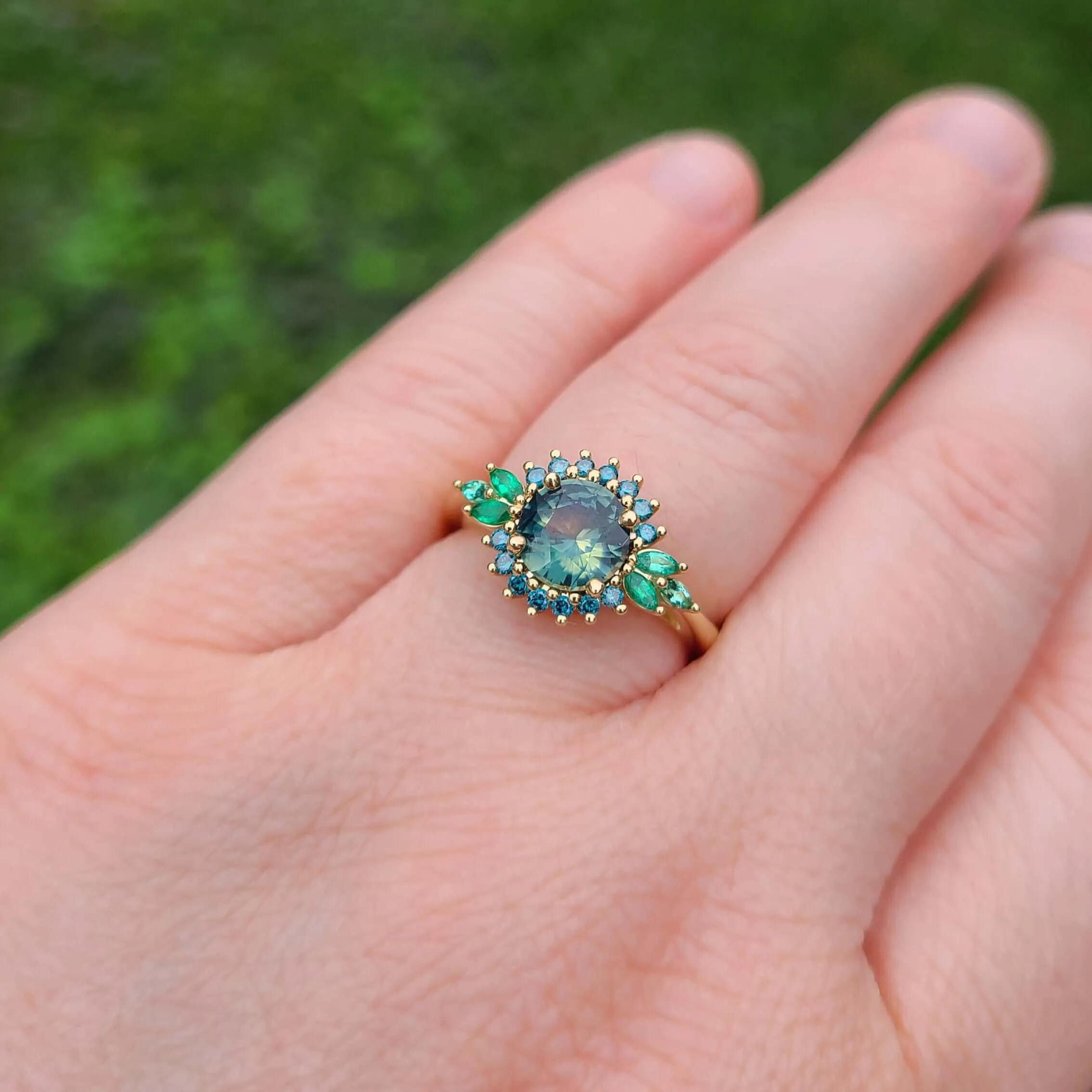 14K Montana Sapphire, Blue Diamond, and Emerald Ring