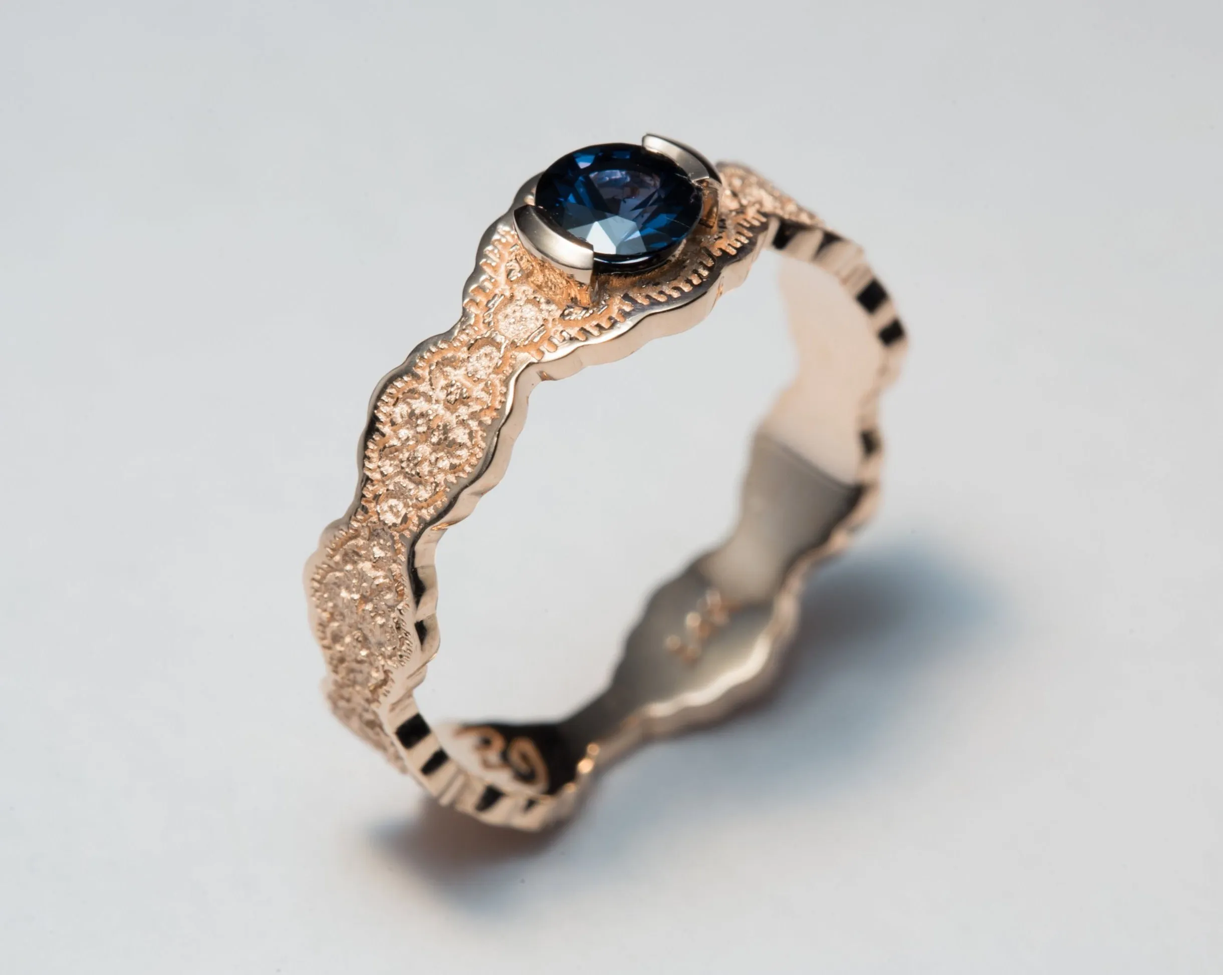 14K Rose Gold Lace Engagement Ring with a Dark Blue Spinel - Size 6.25