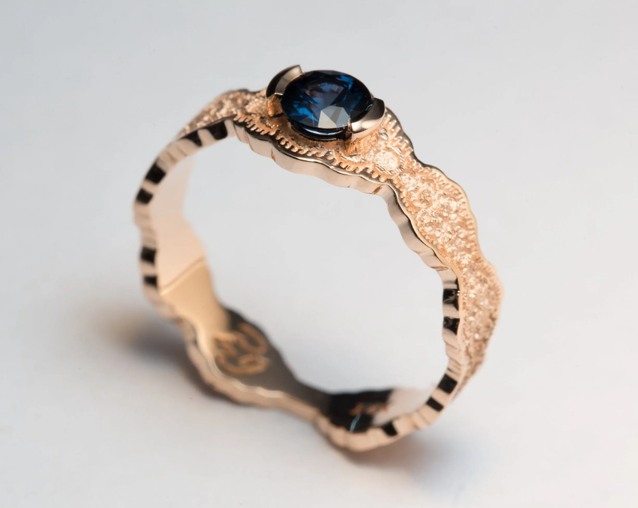 14K Rose Gold Lace Engagement Ring with a Dark Blue Spinel - Size 6.25