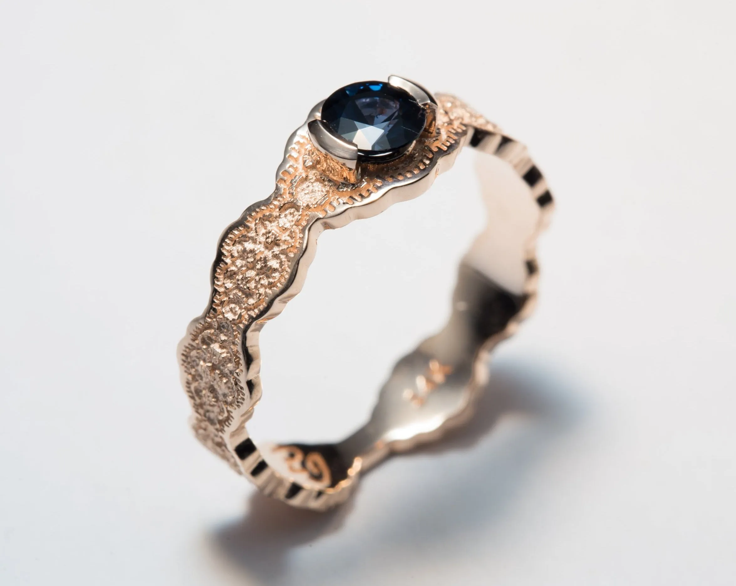 14K Rose Gold Lace Engagement Ring with a Dark Blue Spinel - Size 6.25