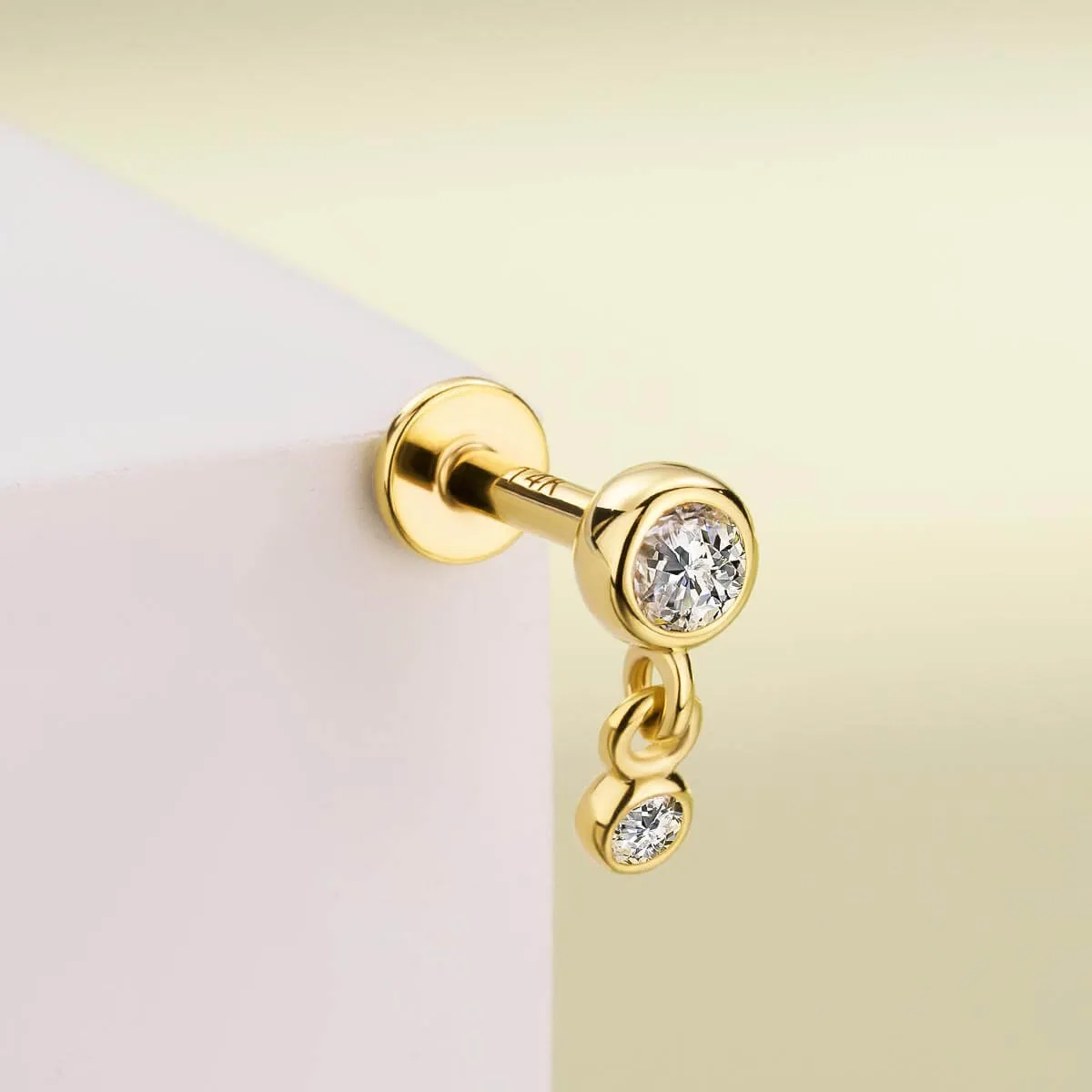 14K Solid Gold 16G Elegant CZ Bezel Push Pin Earing Stud