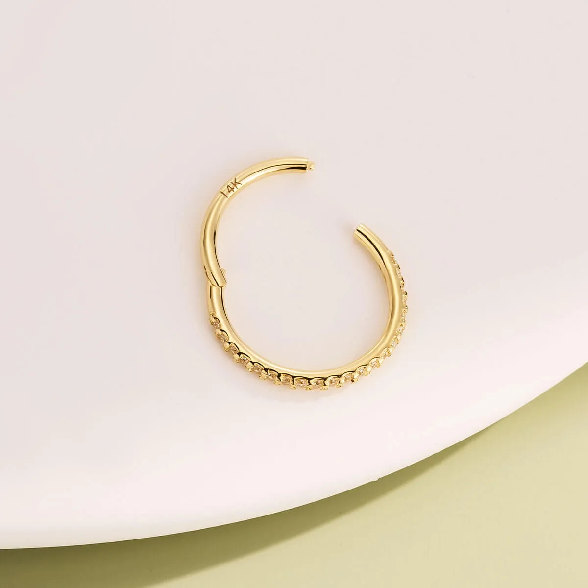 14K Solid Gold 18G CZ Hinged Segment Nose Hoop
