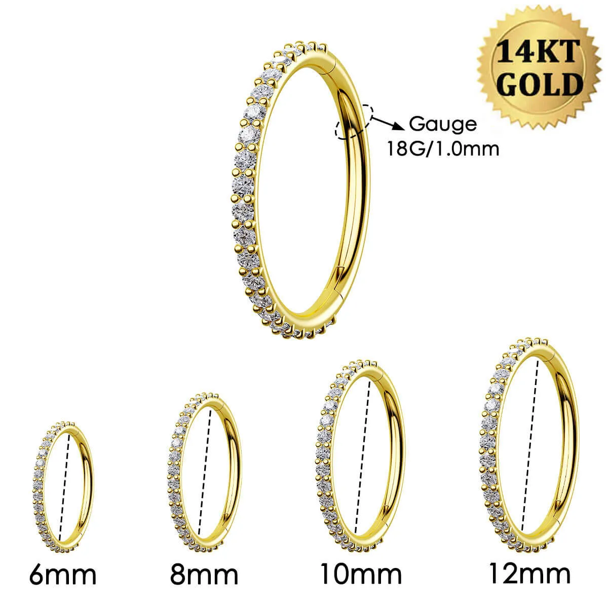 14K Solid Gold 18G CZ Hinged Segment Nose Hoop