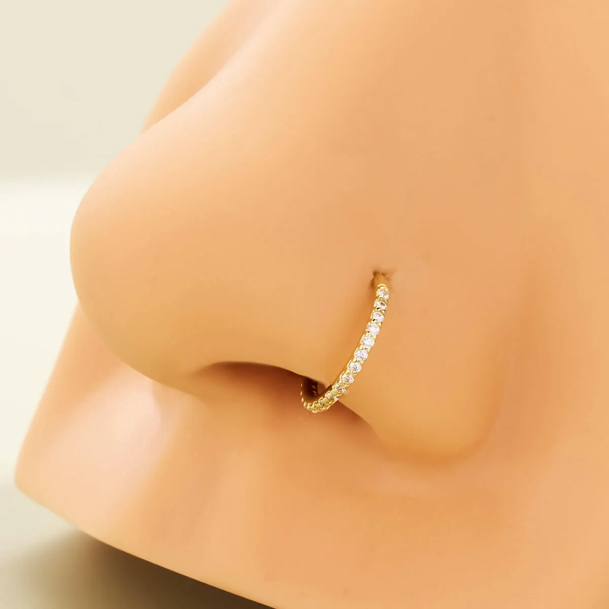 14K Solid Gold 18G CZ Hinged Segment Nose Hoop