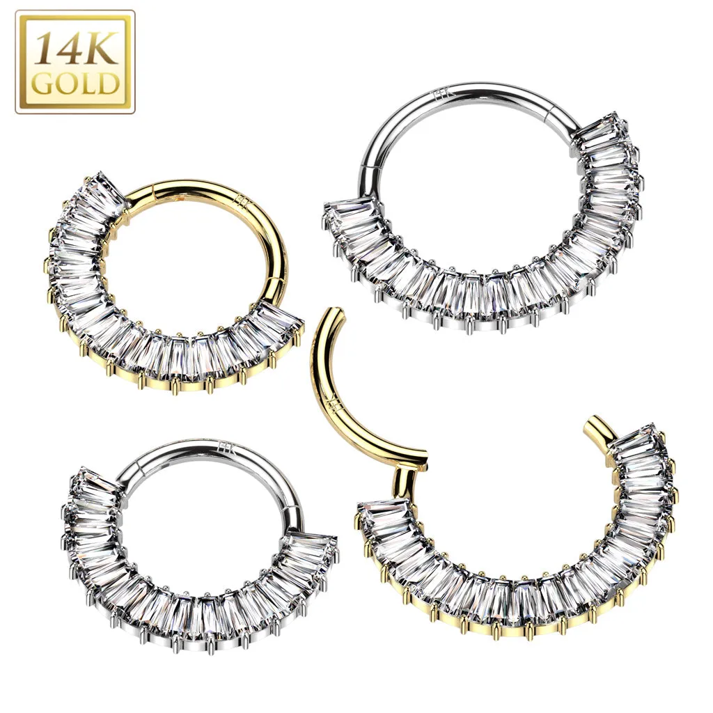14K Solid Gold Baguette Cut CZ Segment Hoop Ring Nose Septum Daith