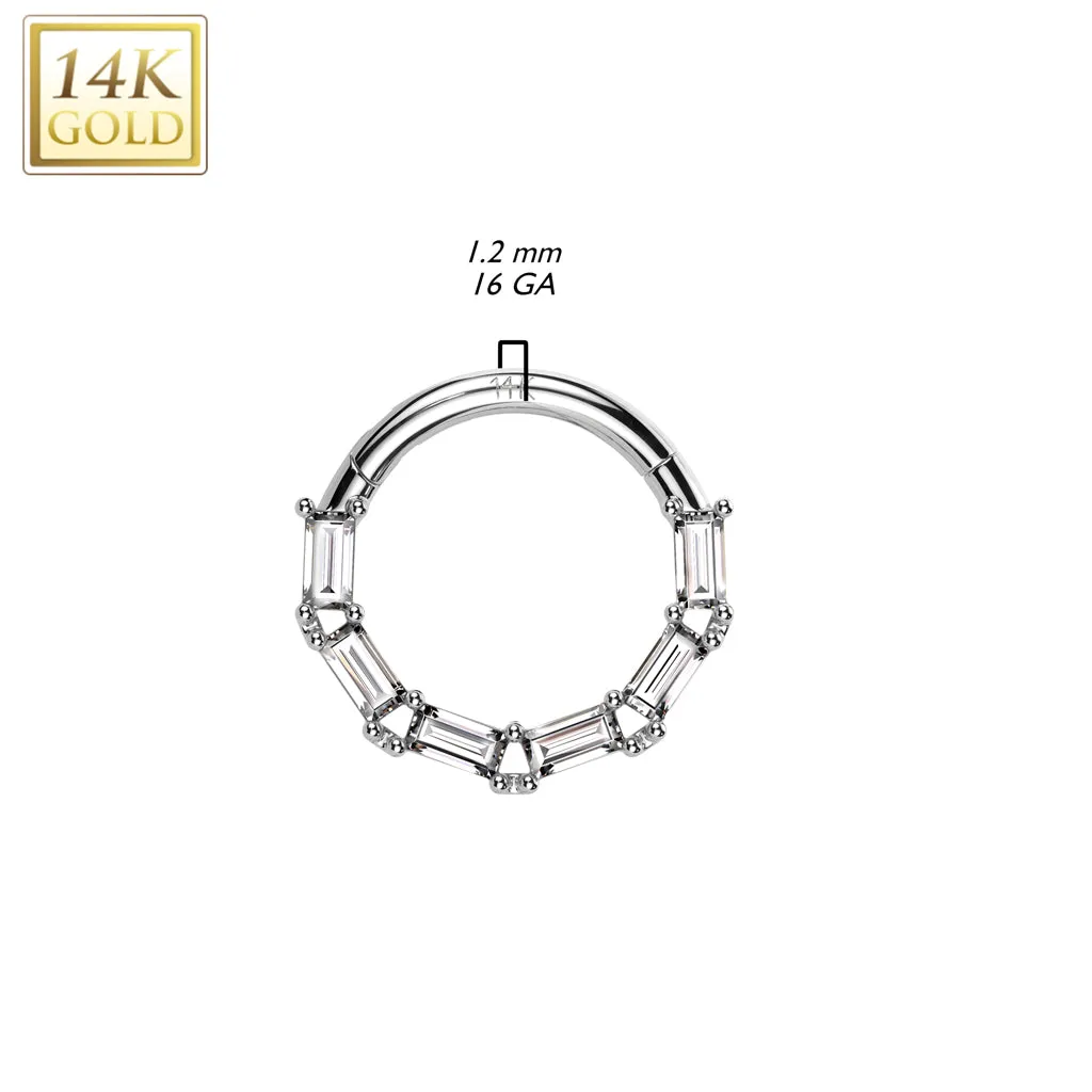 14K Solid Gold Baguette CZ Segment Hoop Ring Nose Septum Daith