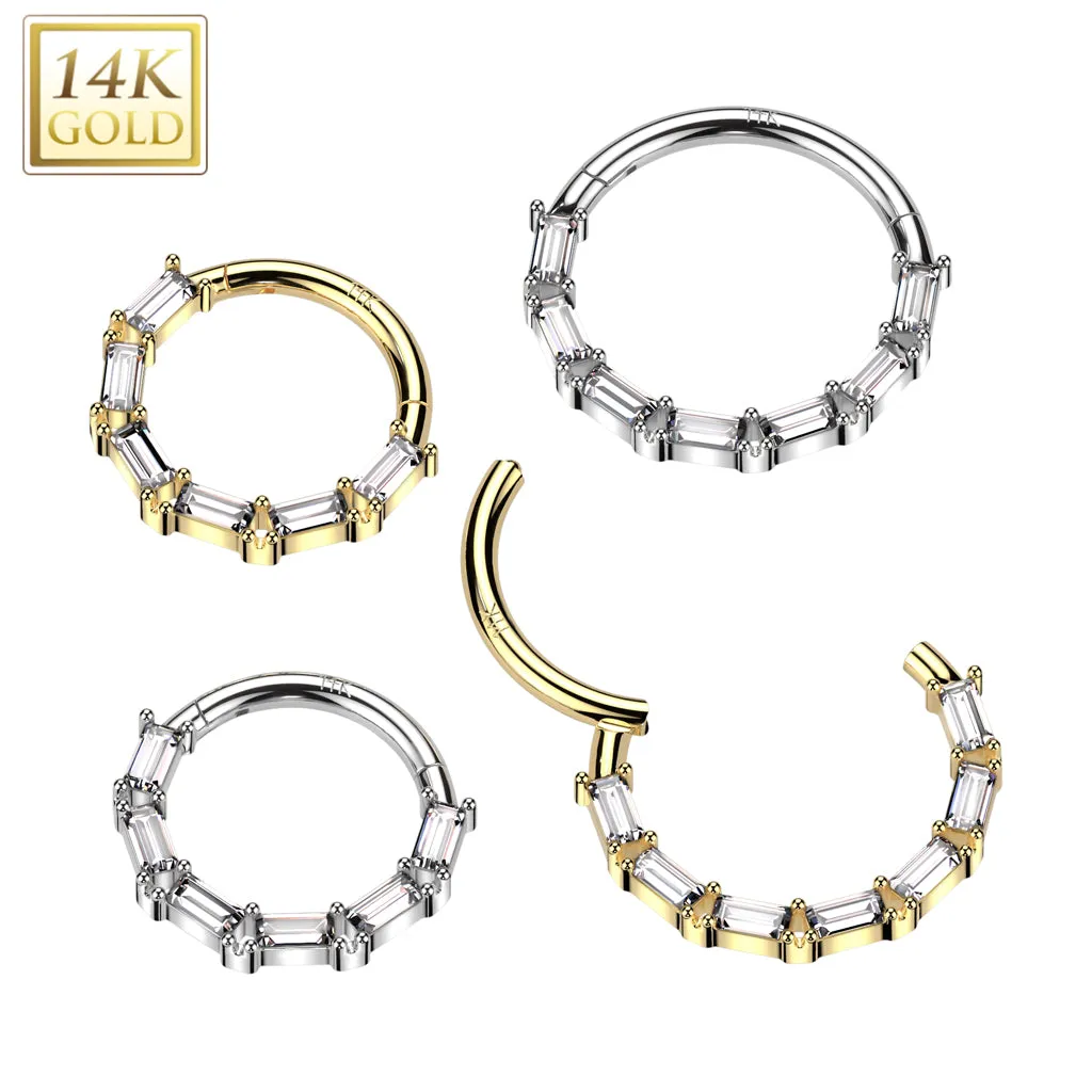 14K Solid Gold Baguette CZ Segment Hoop Ring Nose Septum Daith
