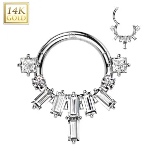 14K Solid Gold Baguette Fan Segment Hoop Ring Nose Septum Daith