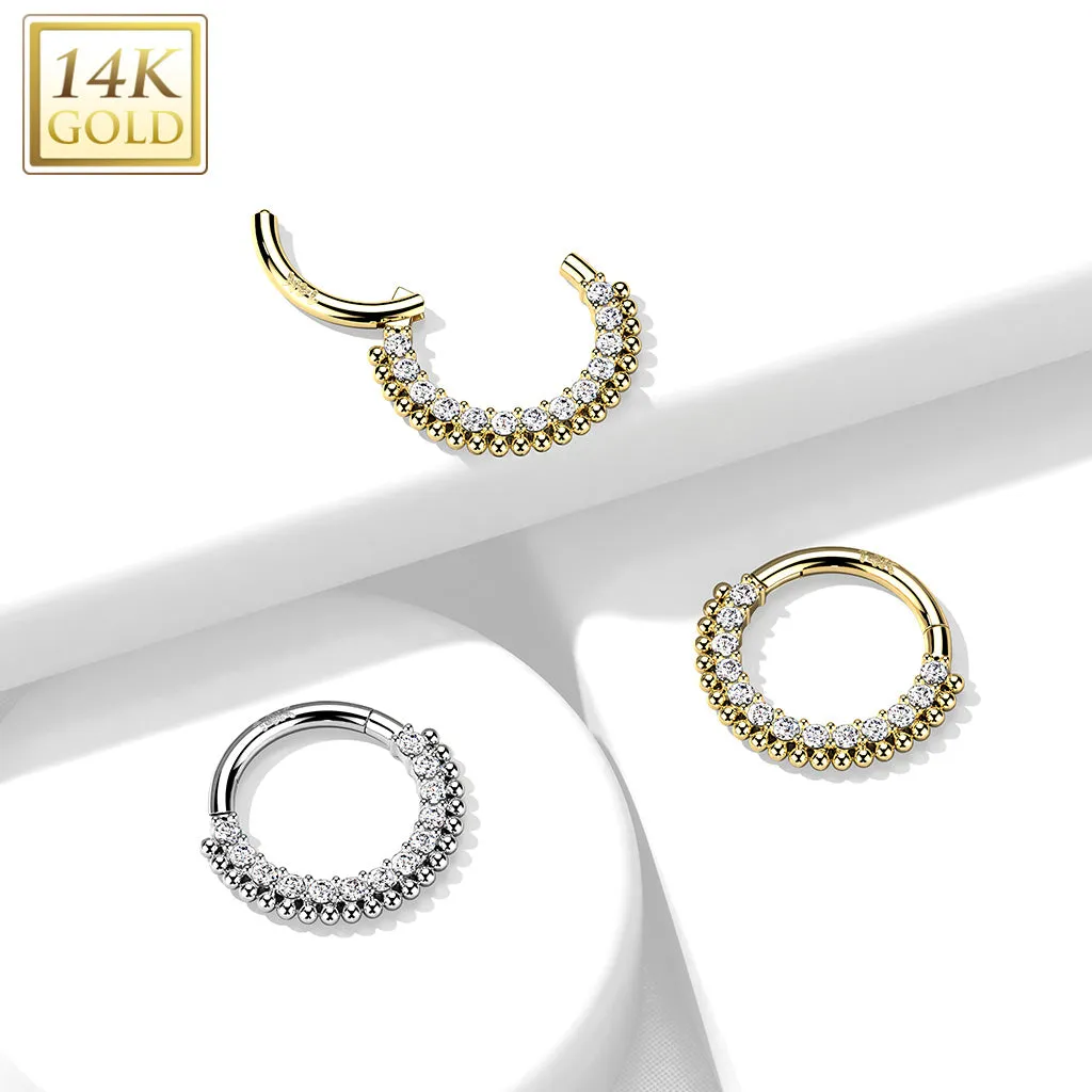 14K Solid Gold Ball CZ Hinged Segment Hoop Ring Nose Septum Daith