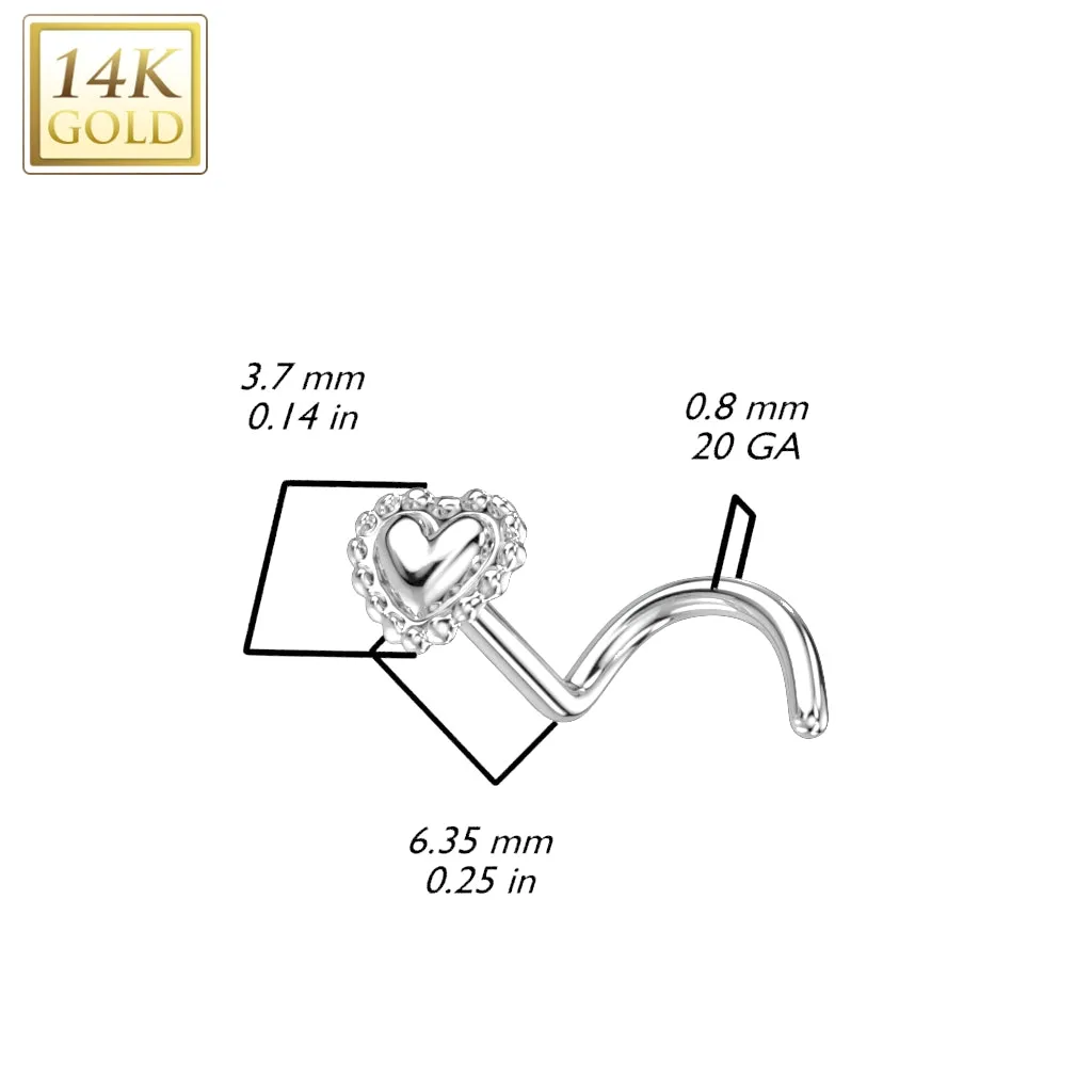 14K Solid Gold Beaded Edge Heart Top Nose Screw Ring