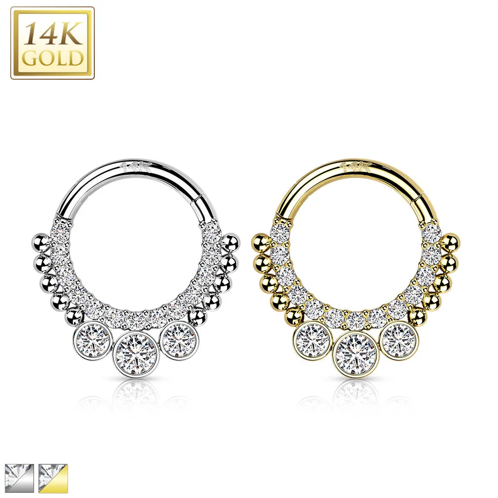 14K Solid Gold Bezel CZ Hinged Segment Hoop Ring Nose Septum Daith