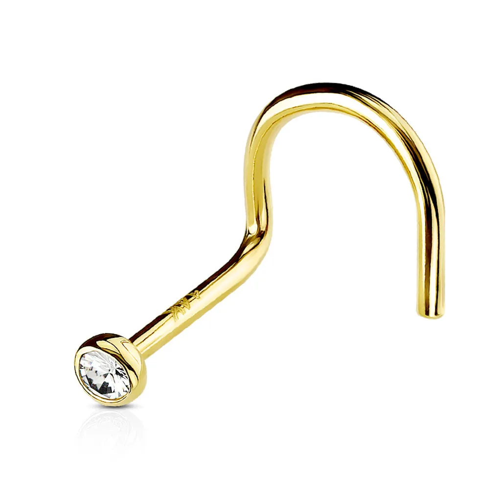 14K Solid Gold Bezel Set 2mm CZ Top Nose Screw Ring