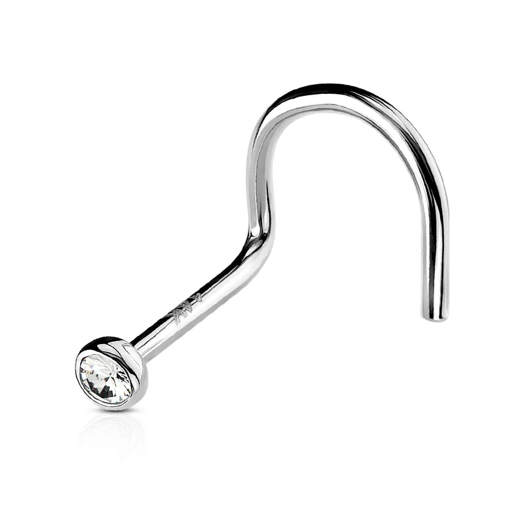 14K Solid Gold Bezel Set 2mm CZ Top Nose Screw Ring