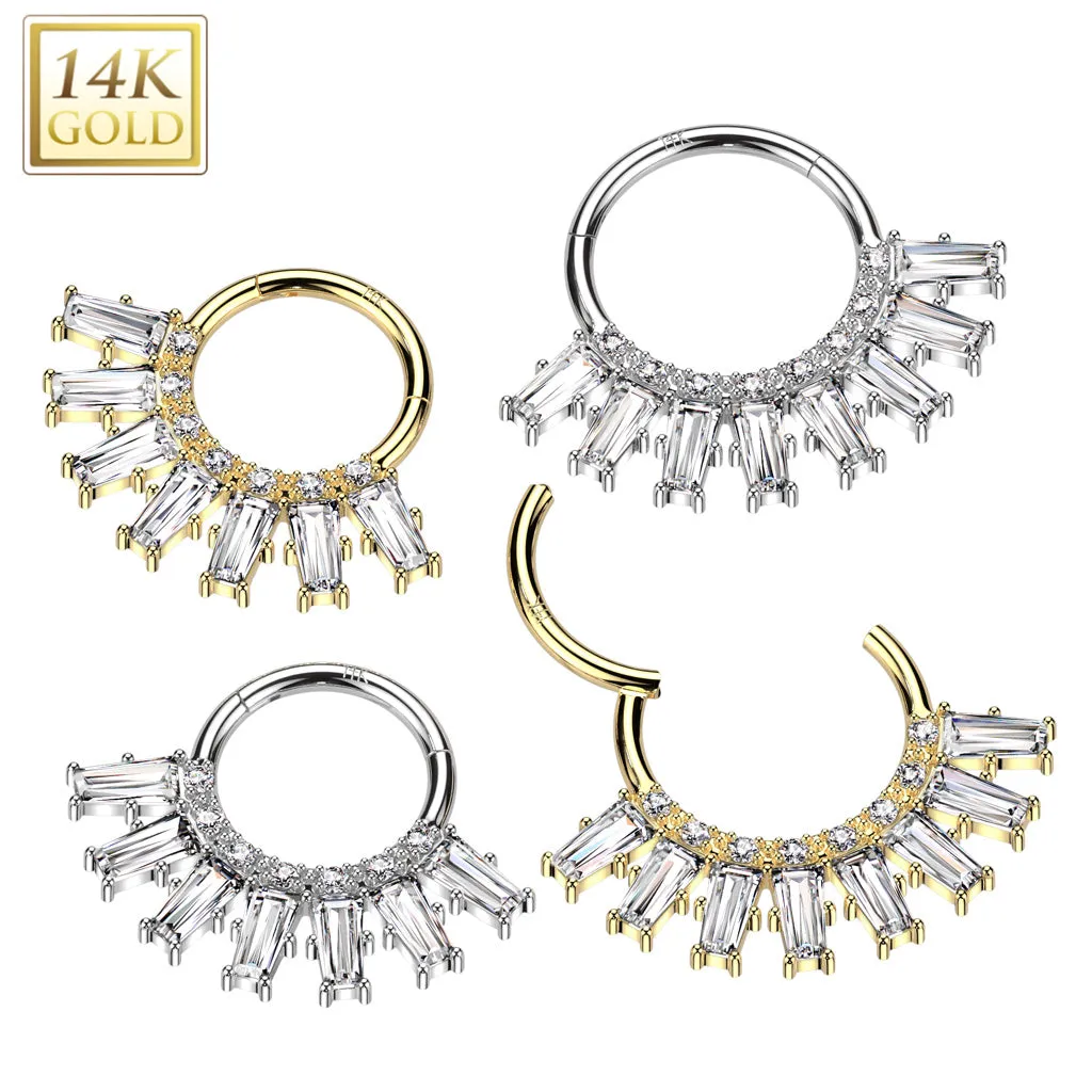 14K Solid Gold CZ Fan Segment Hoop Ring Nose Septum Daith