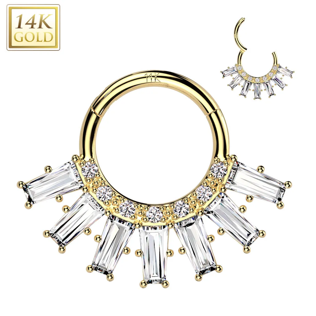 14K Solid Gold CZ Fan Segment Hoop Ring Nose Septum Daith