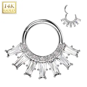 14K Solid Gold CZ Fan Segment Hoop Ring Nose Septum Daith
