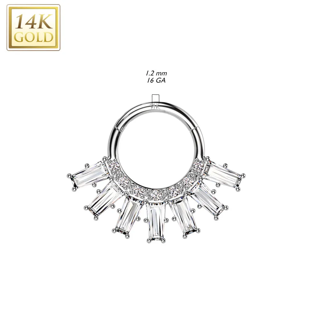 14K Solid Gold CZ Fan Segment Hoop Ring Nose Septum Daith