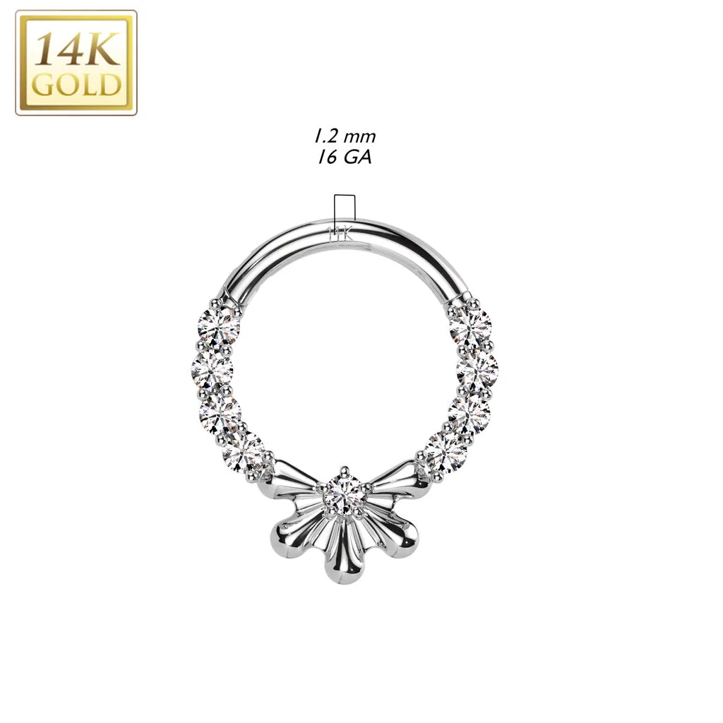 14K Solid Gold CZ Flower Segment Hoop Ring Nose Septum Daith