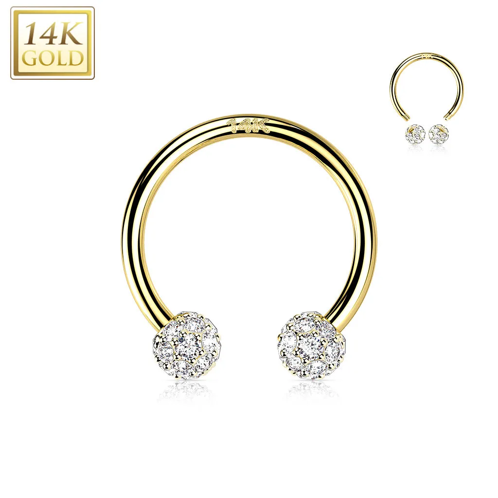 14K Solid Gold CZ Paved Balls Circular Barbell Horseshoe Nose Septum