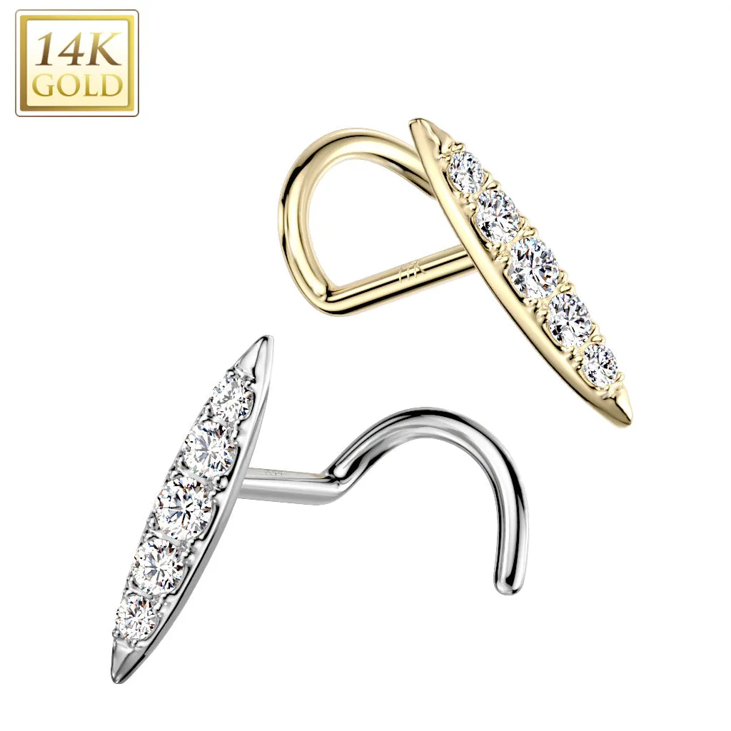 14K Solid Gold CZ Paved Bar Top Nose Screw Ring