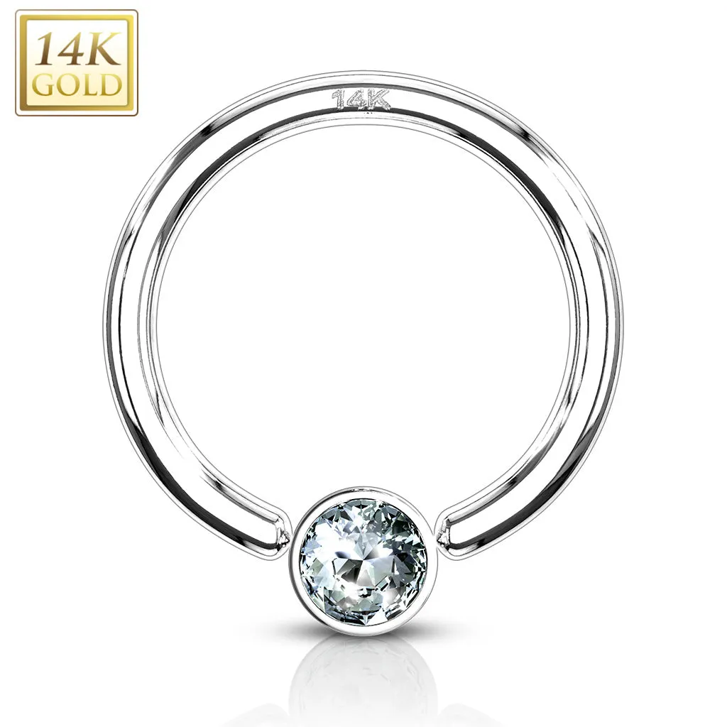 14K Solid Gold CZ Set Gem Ball Captive Bead Ring