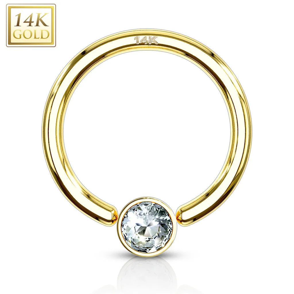 14K Solid Gold CZ Set Gem Ball Captive Bead Ring