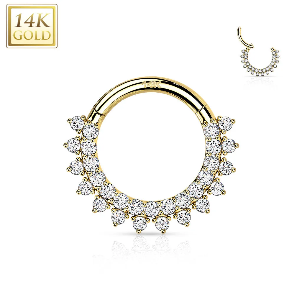 14K Solid Gold CZ set Hinged Segment Hoop Ring Nose Septum Daith