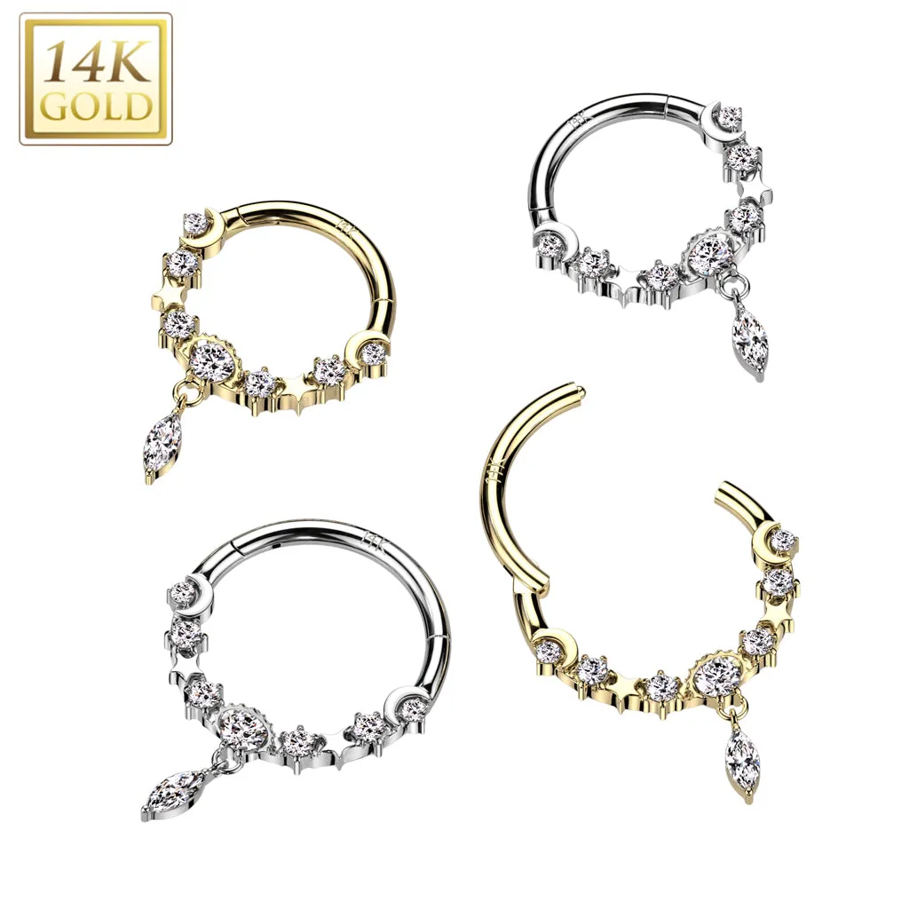 14K Solid Gold Dangle Hinged Segment Ring for Nose Septum Cartilage