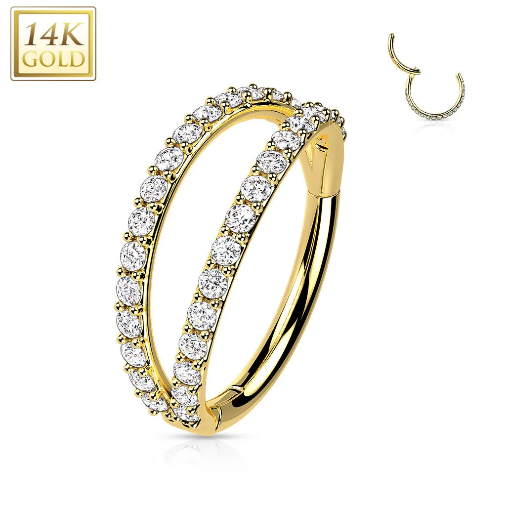 14K Solid Gold Double Opal CZ Segment Hoop Ring Nose Septum Daith