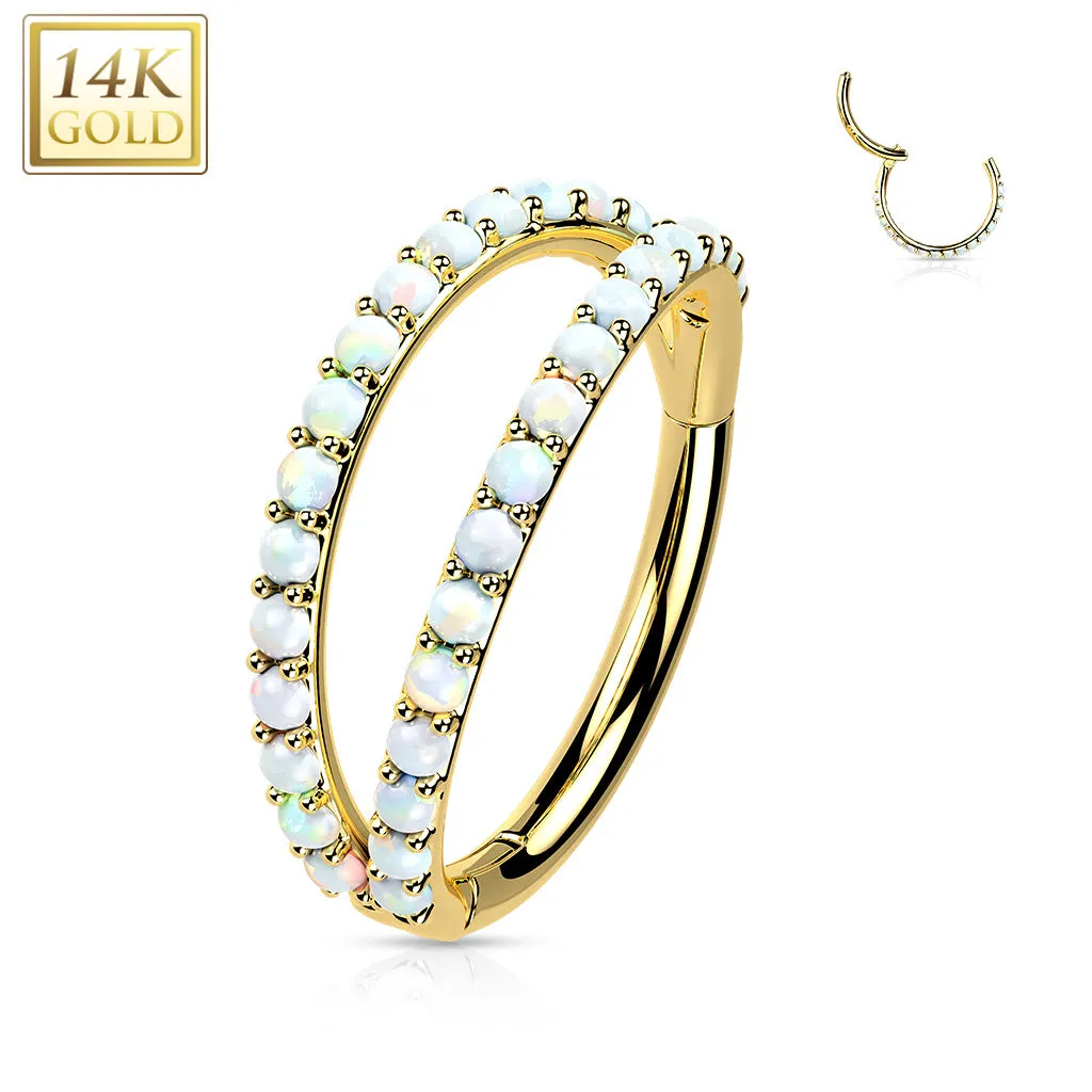 14K Solid Gold Double Opal CZ Segment Hoop Ring Nose Septum Daith
