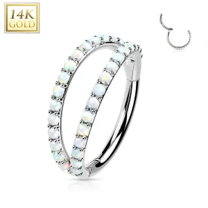 14K Solid Gold Double Opal CZ Segment Hoop Ring Nose Septum Daith