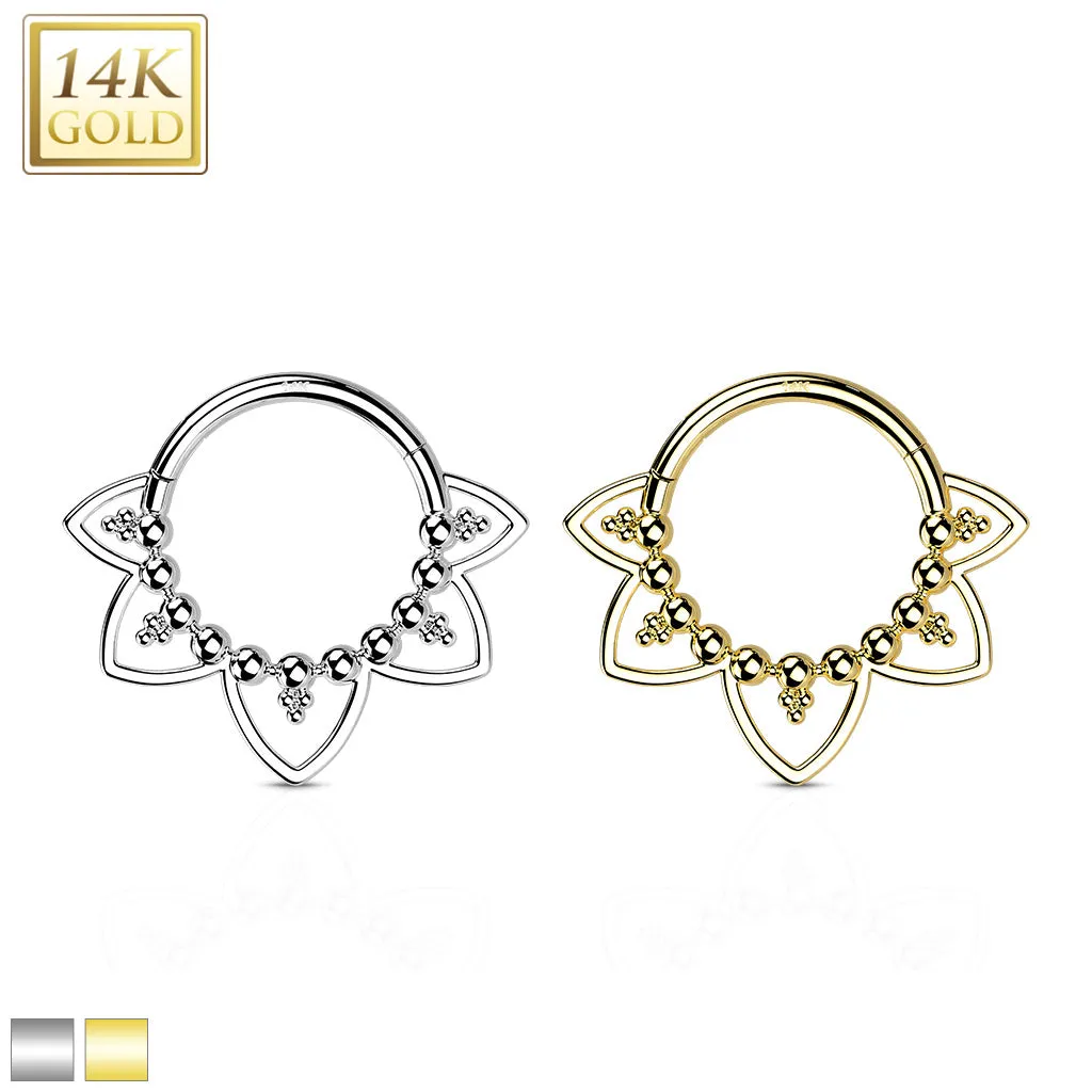 14K Solid Gold Heart Filigree Hinged Segment Hoop Ring Nose Septum Daith