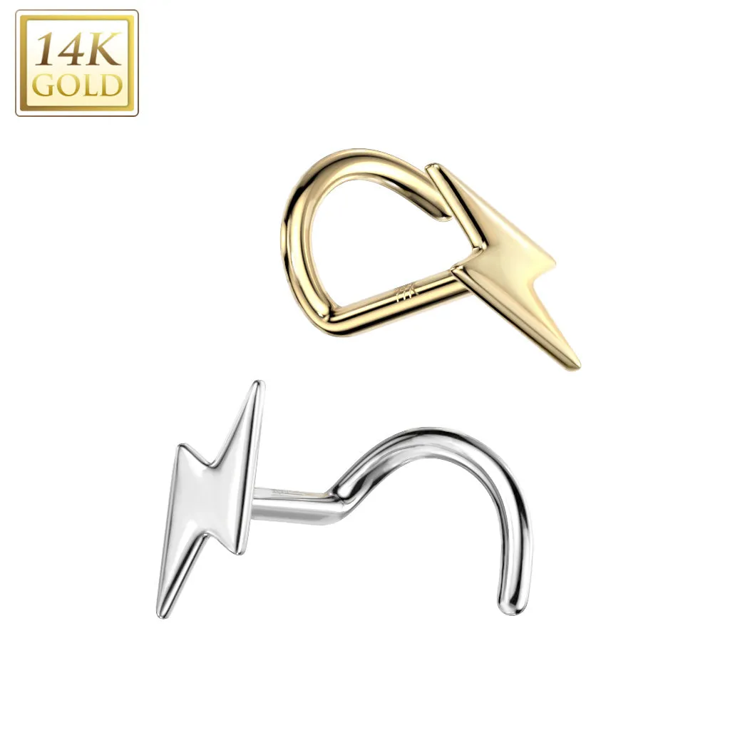 14K Solid Gold Lightning Bolt Top Nose Screw Ring
