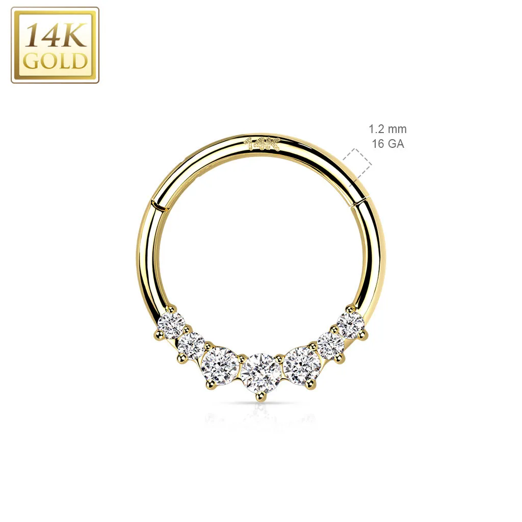 14K Solid Gold Opal CZ Hinged Segment Hoop Ring Nose Septum Daith