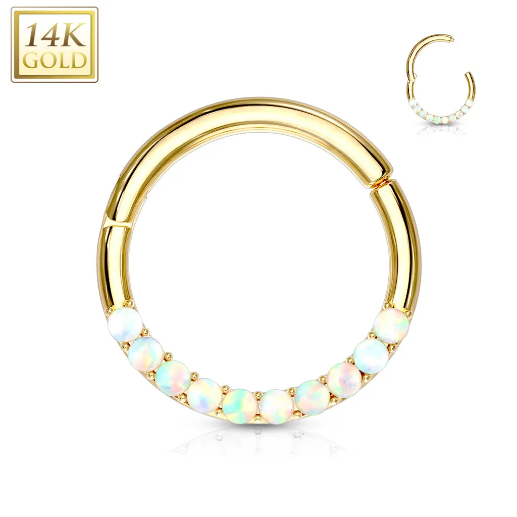 14K Solid Gold Opal Hinged Hoop Ring Nose Septum Daith
