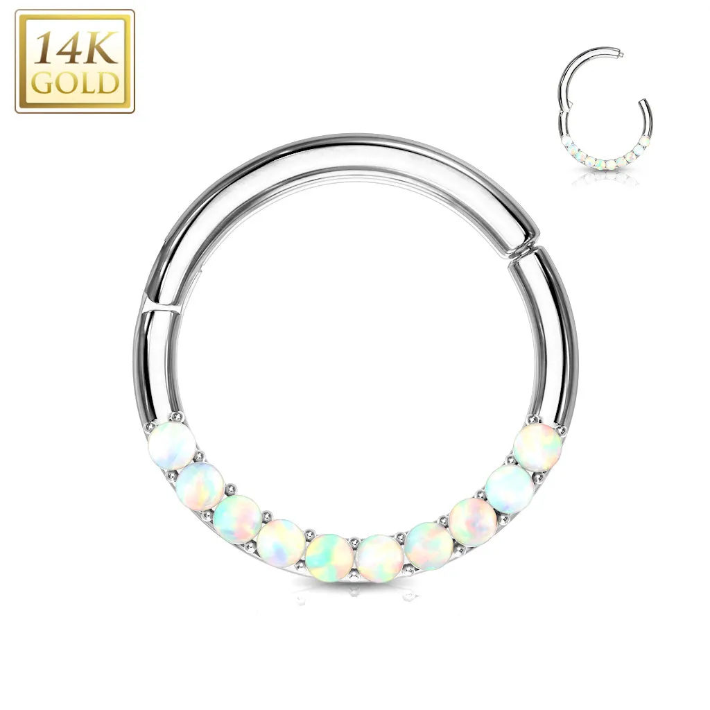 14K Solid Gold Opal Hinged Hoop Ring Nose Septum Daith