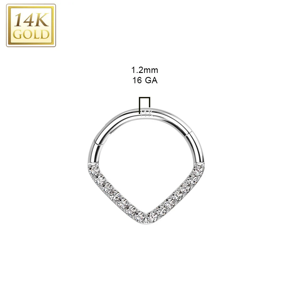 14K Solid Gold Paved Chevron Hinged Hoop Ring Nose Septum Daith