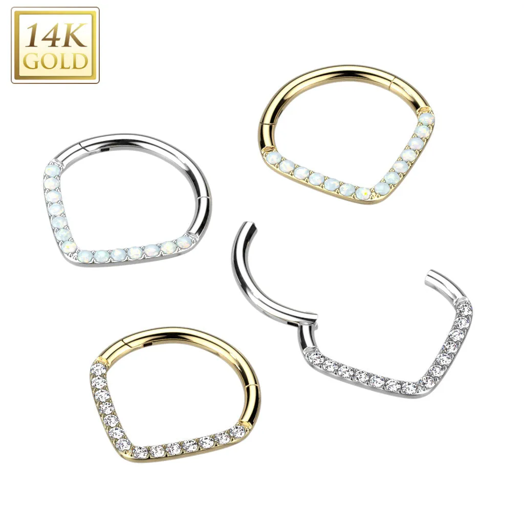 14K Solid Gold Paved Chevron Hinged Hoop Ring Nose Septum Daith